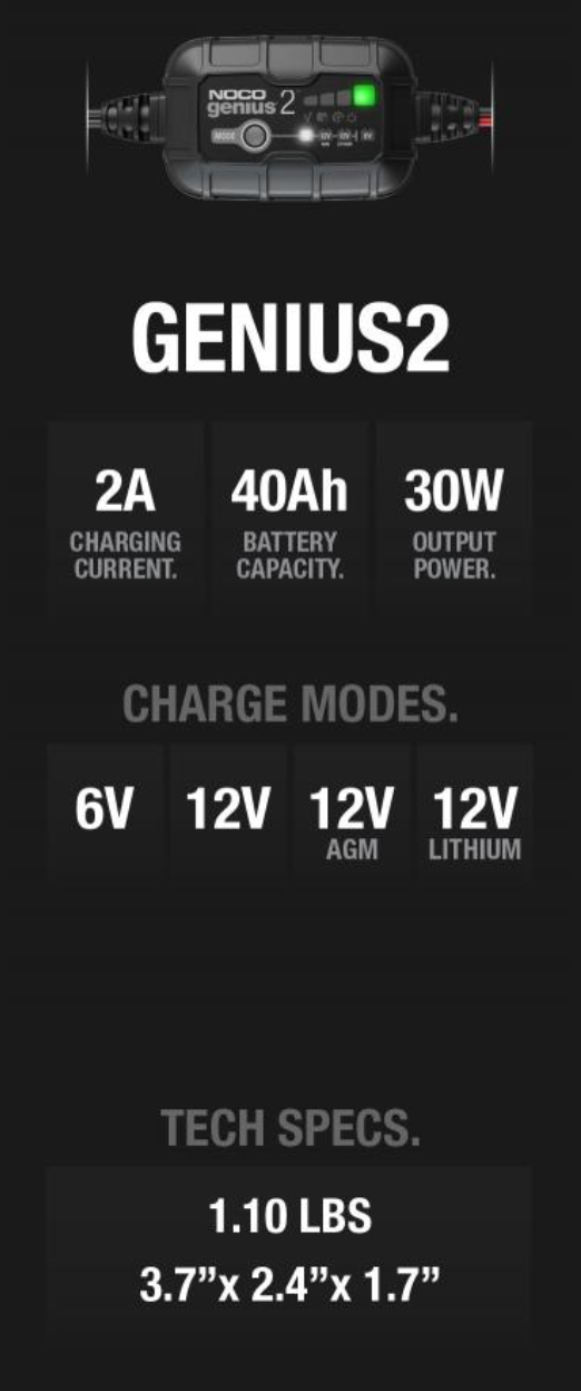 NOCO GENIUS2, 2-Amp Smart Charger - JAGER PRO Store