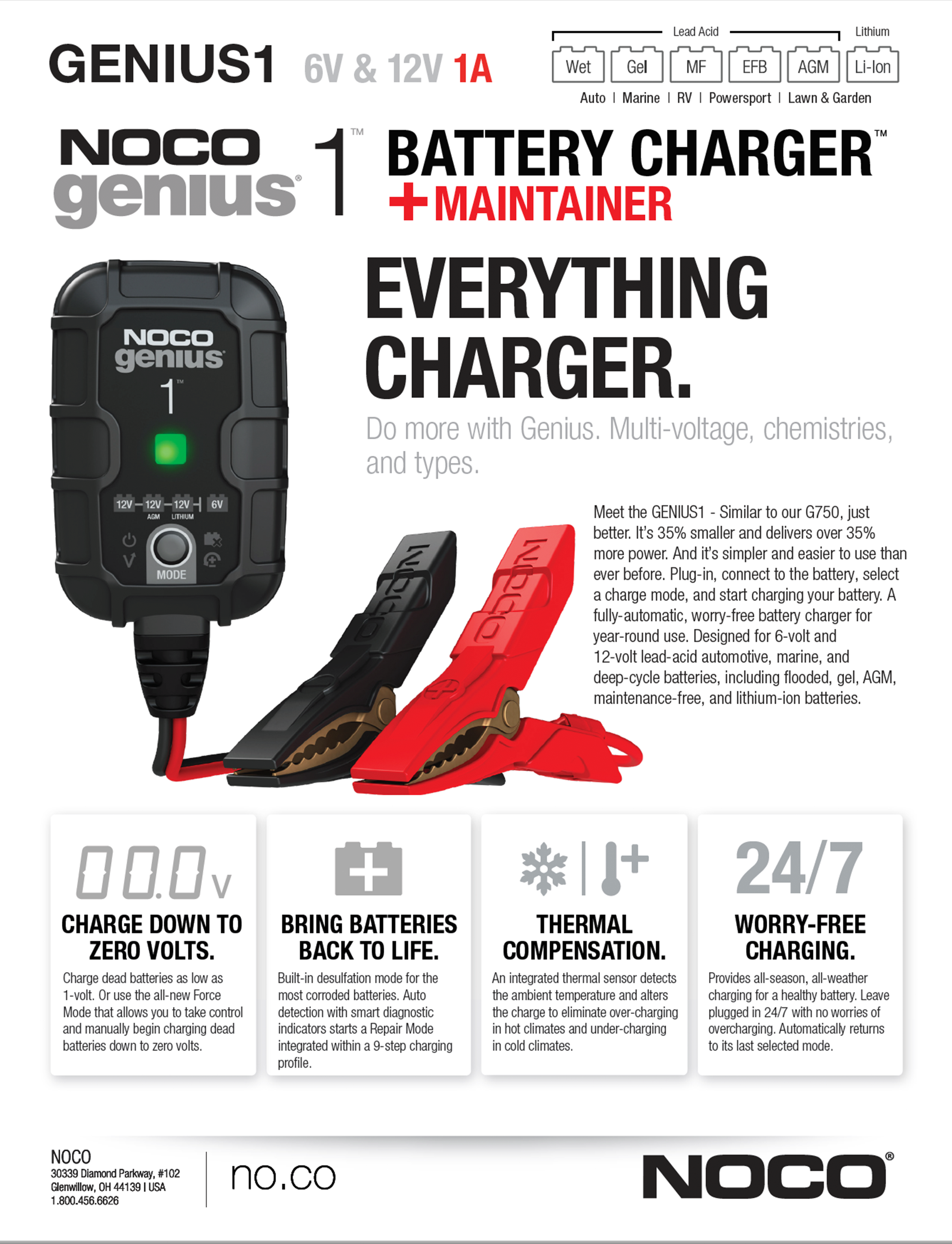 NOCO Genius1 Smart Battery Charger and Maintainer 6/12 Volt 1 Amp